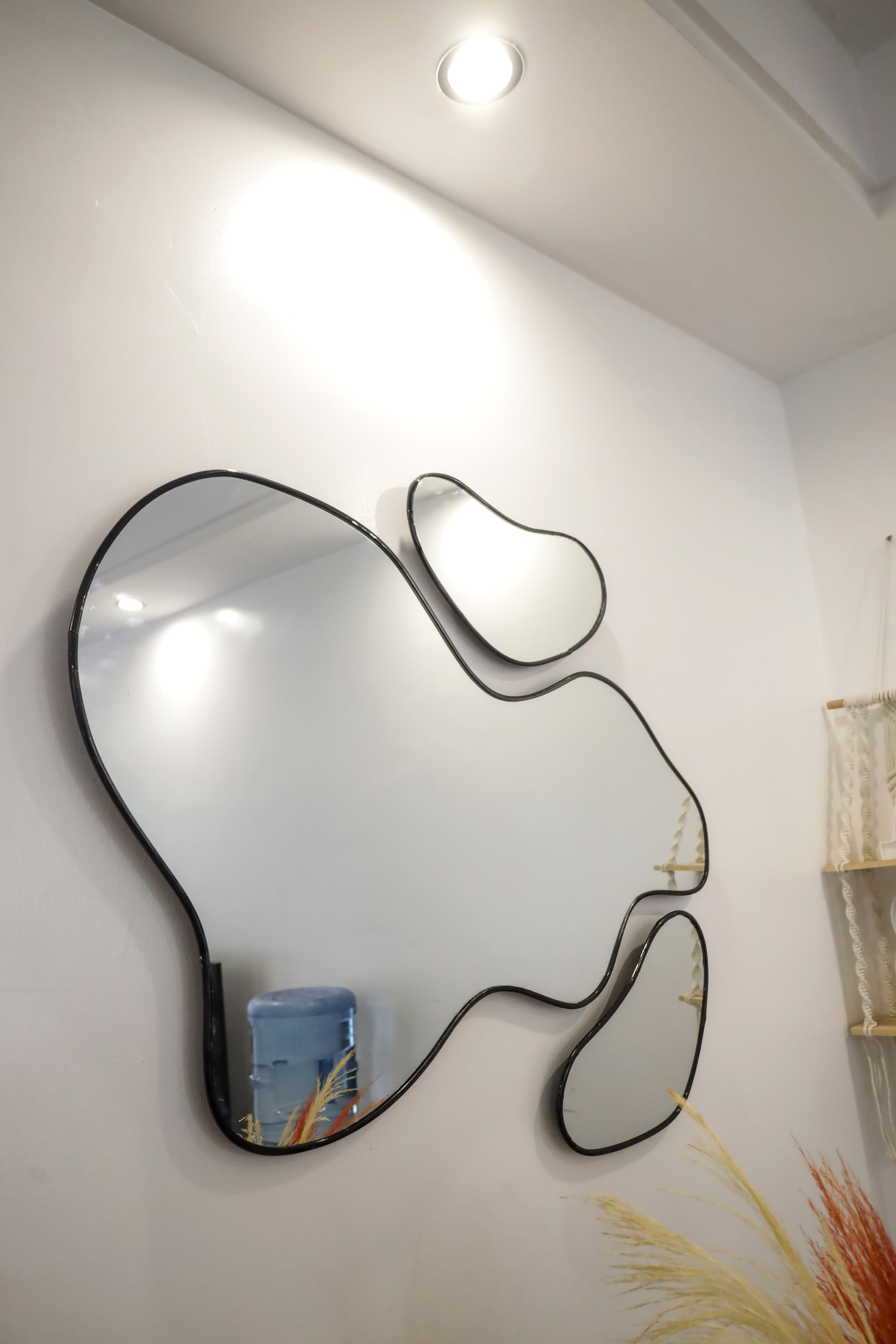 Sculptural free-form wall mirror with a dried pampas stem beside it